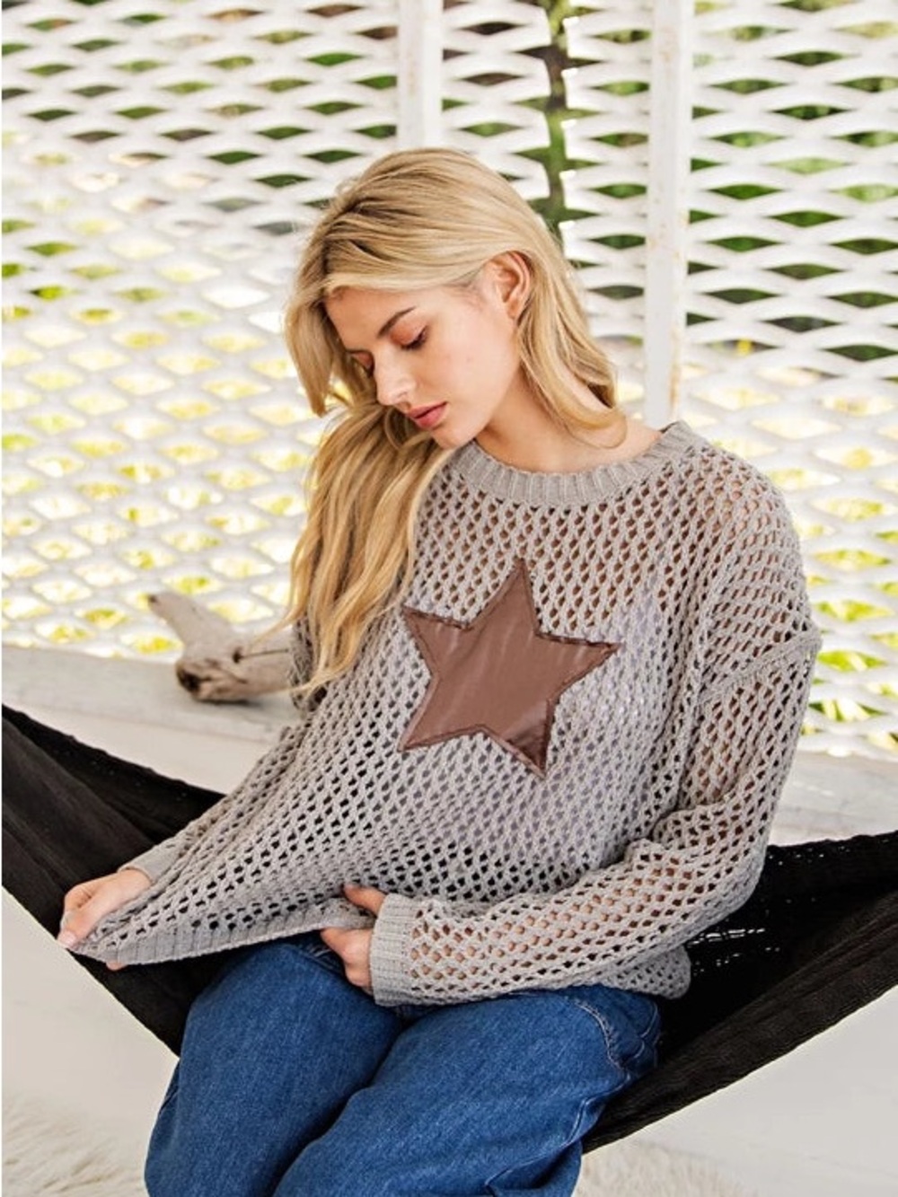 NWOT Women’s Open-Knit Sweater with Brown Star Patch